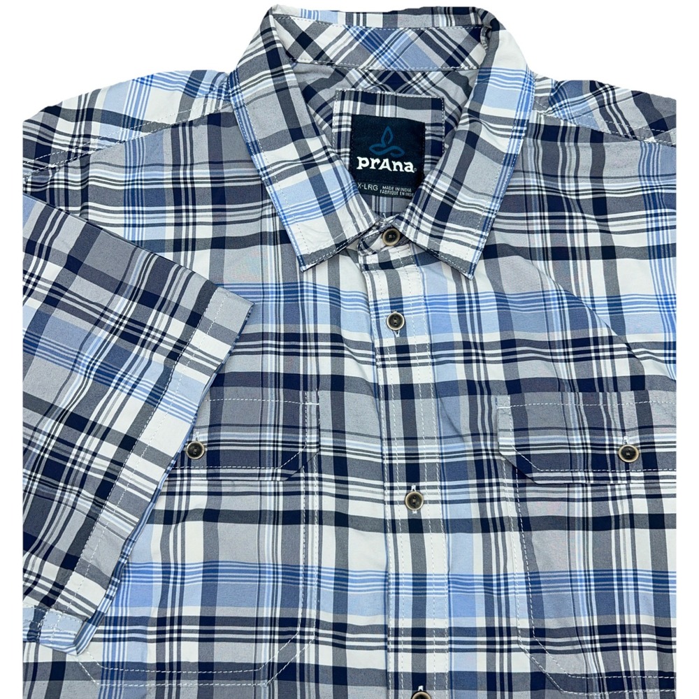 PrAna Men's XL Short Sleeve‎ Button Up Blue Plaid Shirt, Double Pocket
